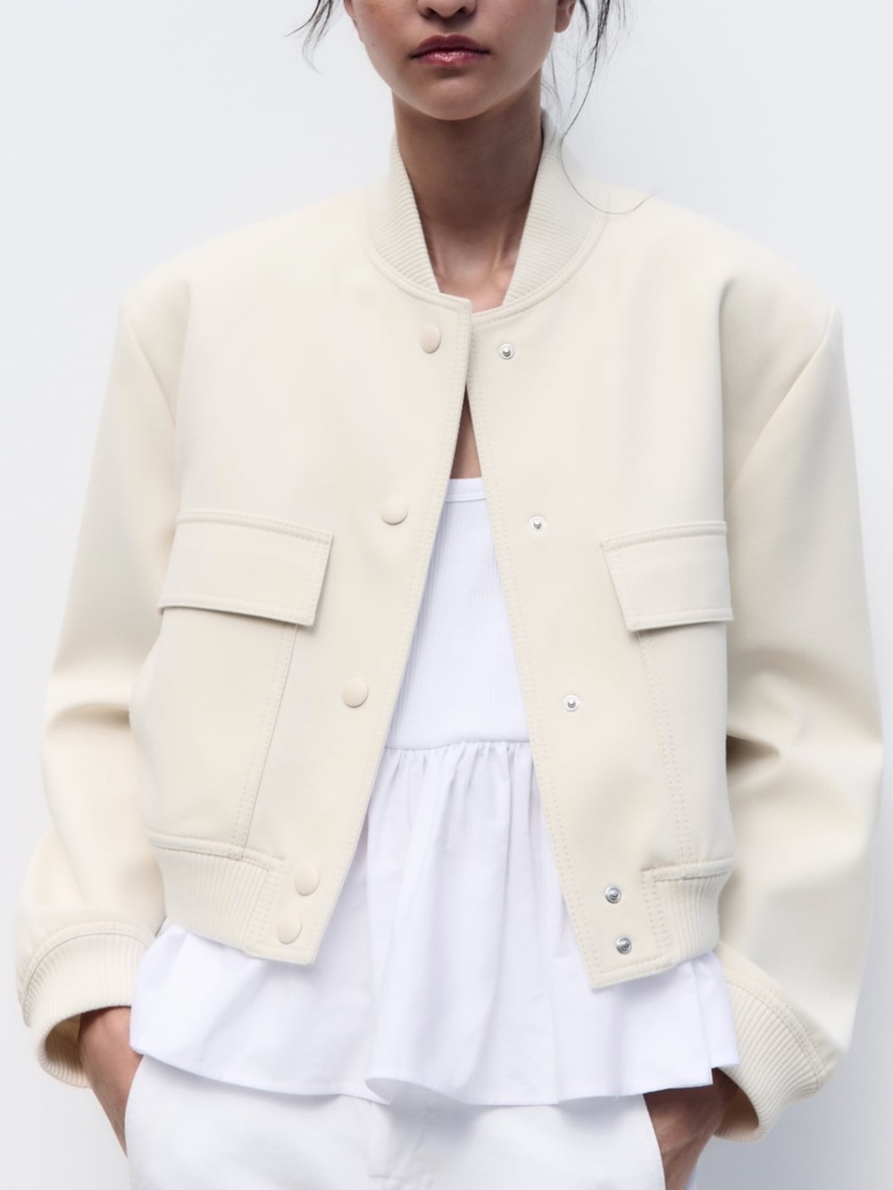 Zara Ivory Cropped Bomber Jacket